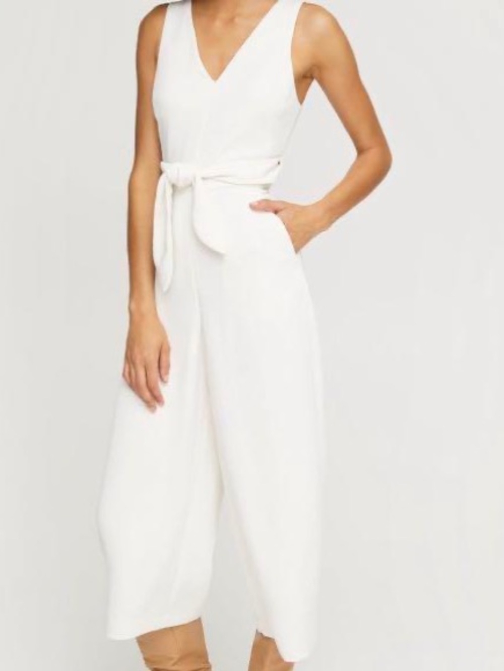 Sleeveless V-Neck Cream Jumpsuit with Tie Back